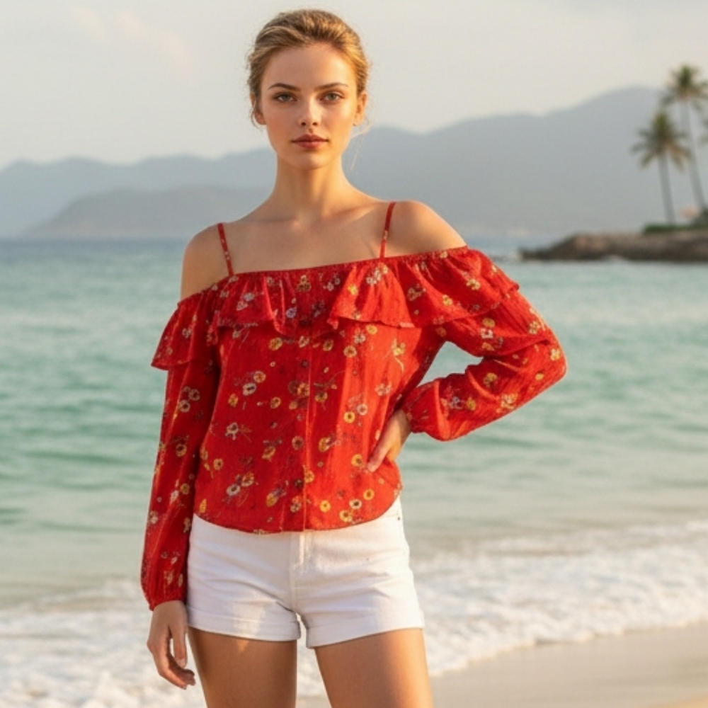 Maurices Red Floral Cold-Shoulder Ruffle Blouse Size Medium. Great Condition - Picture 4 of 16